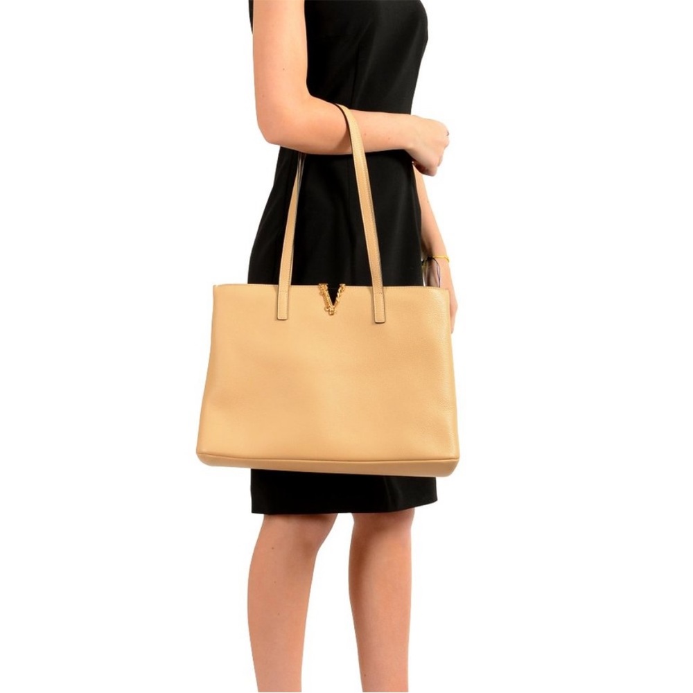 Versace Nude Calf 100% textured Leather 
 V-Logo Tote Shoulder & Handbag